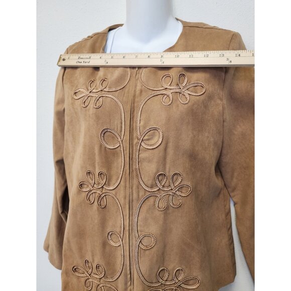 BFA Classics Blazer Jacket Women 8 Tan Zip Up Faux Suede Embroidered - Picture 6 of 10